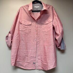 pd&c Button Down Shirt Womens 1X Coral Pink Excellent Roll Tab Cotton Blend 9314